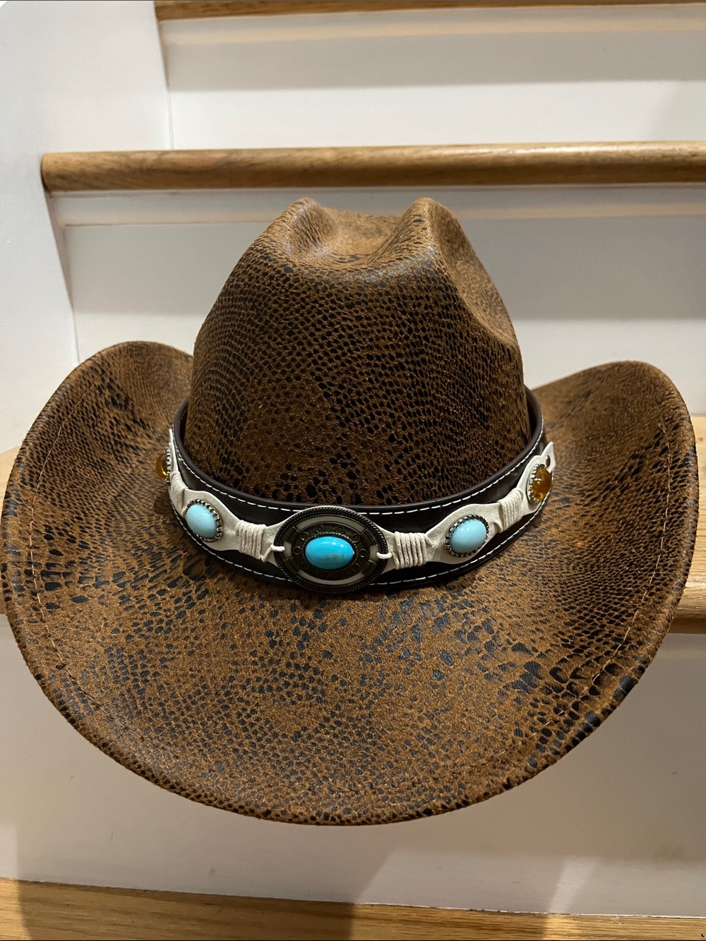 Brown Western Cowboy Hat with Turquoise Accent
